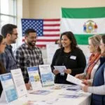 Smiling diverse family reviews options on laptop at home, exploring aca health insurance in wisconsin during open enrollment.