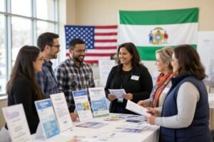 Smiling diverse family reviews options on laptop at home, exploring aca health insurance in wisconsin during open enrollment.