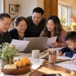 Three generations of a Hmong-American family reviewing life insurance options together at a kitchen table